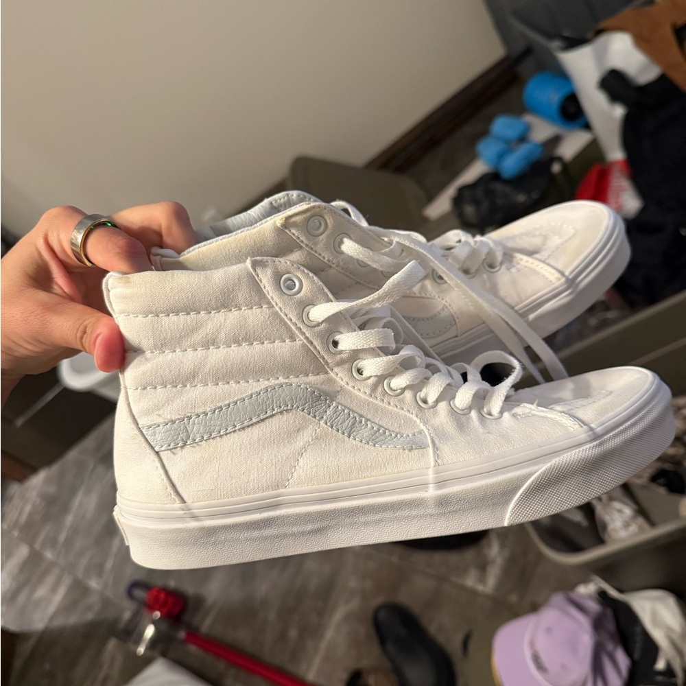 Vans White and Light Blue High-Top Sneakers